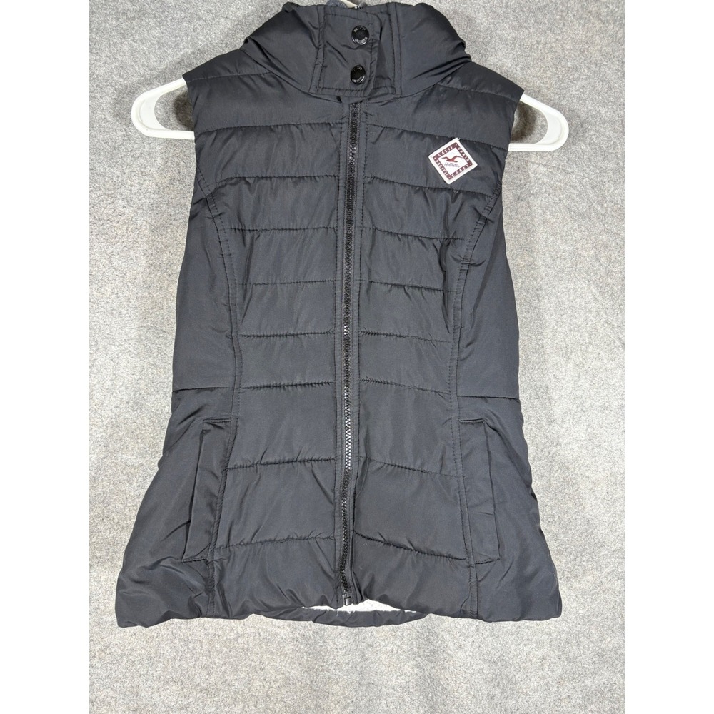 Hollister Puffer Vest Womens XS Black Quilted Sherpa Lined Hooded Sleeveless Zip
